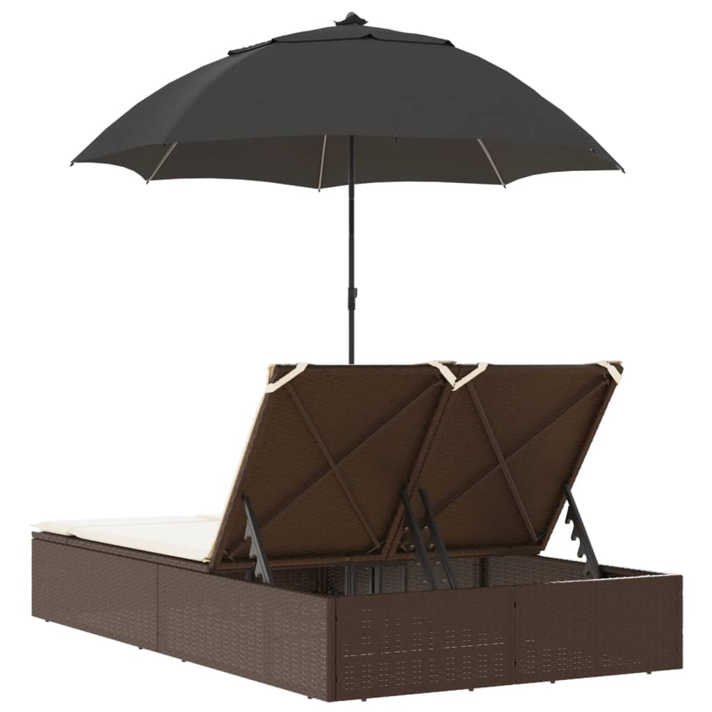 Double sun lounger with cushions/umbrella, brown, rattan