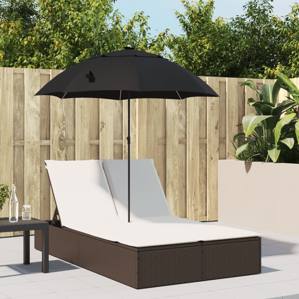 Double sun lounger with cushions/umbrella, brown, rattan