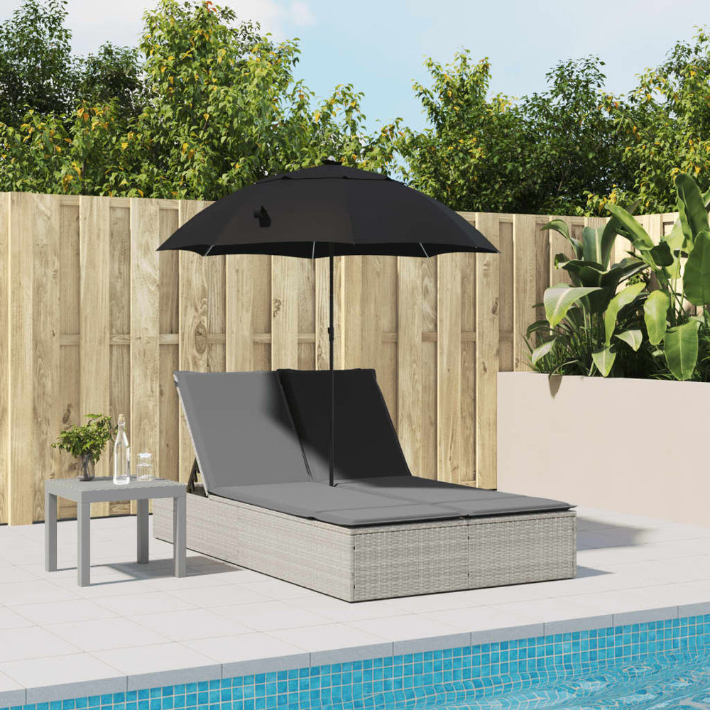 Double sun lounger with cushions/umbrella, grey, rattan