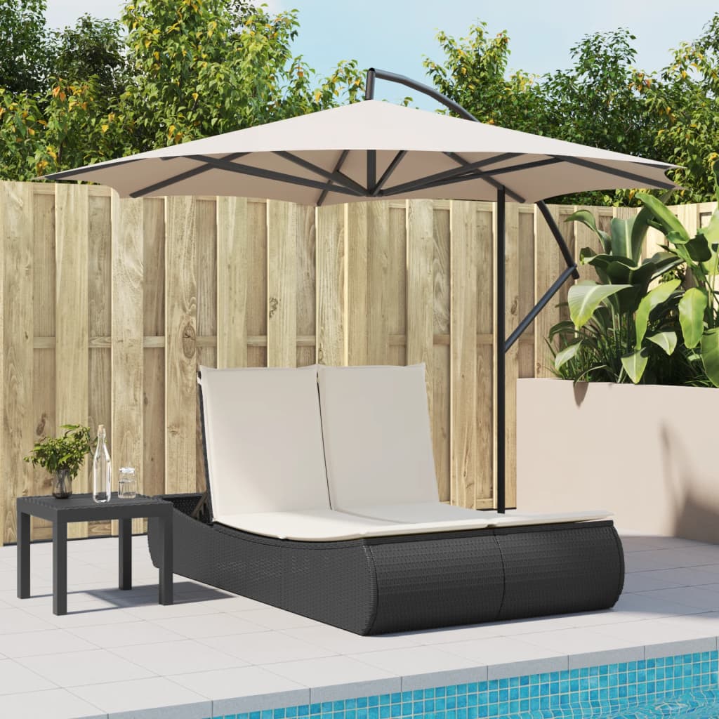 Two-seater sun lounger with cushions, black, poly rattan