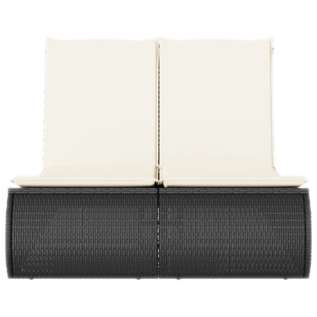 Two-seater sun lounger with cushions, black, poly rattan
