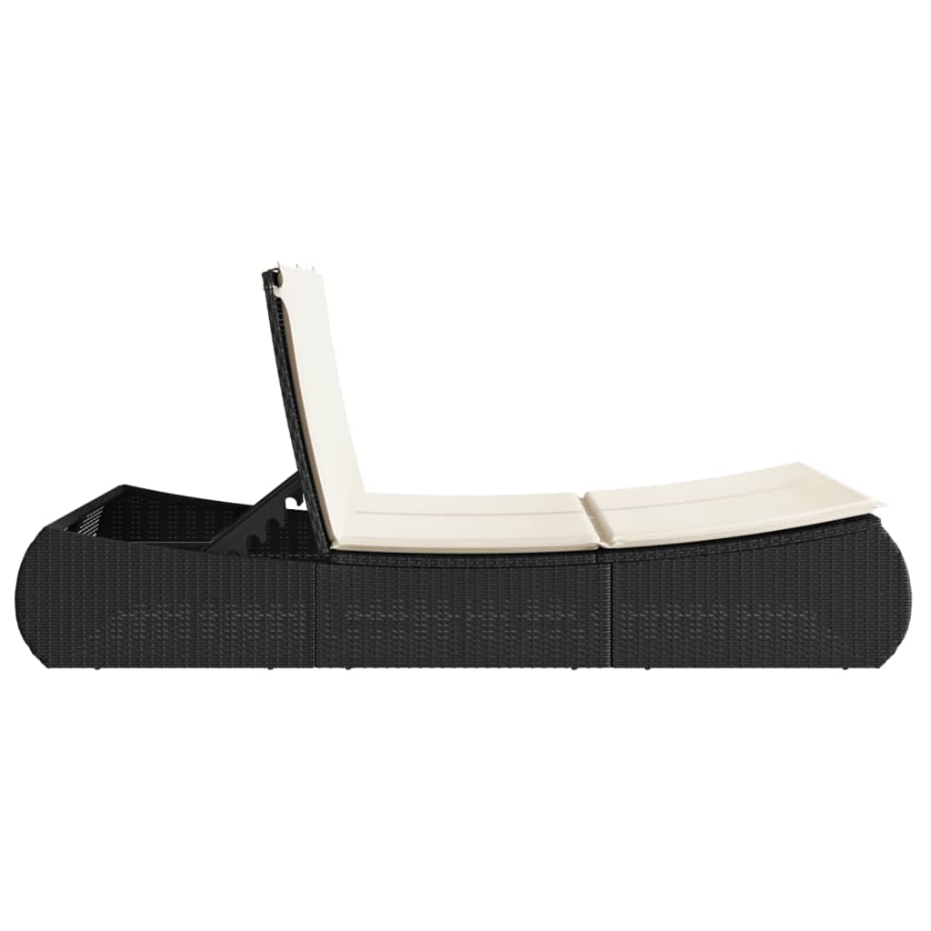 Two-seater sun lounger with cushions, black, poly rattan
