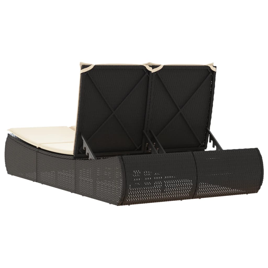 Two-seater sun lounger with cushions, black, poly rattan