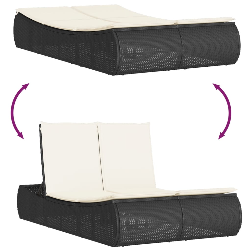 Two-seater sun lounger with cushions, black, poly rattan