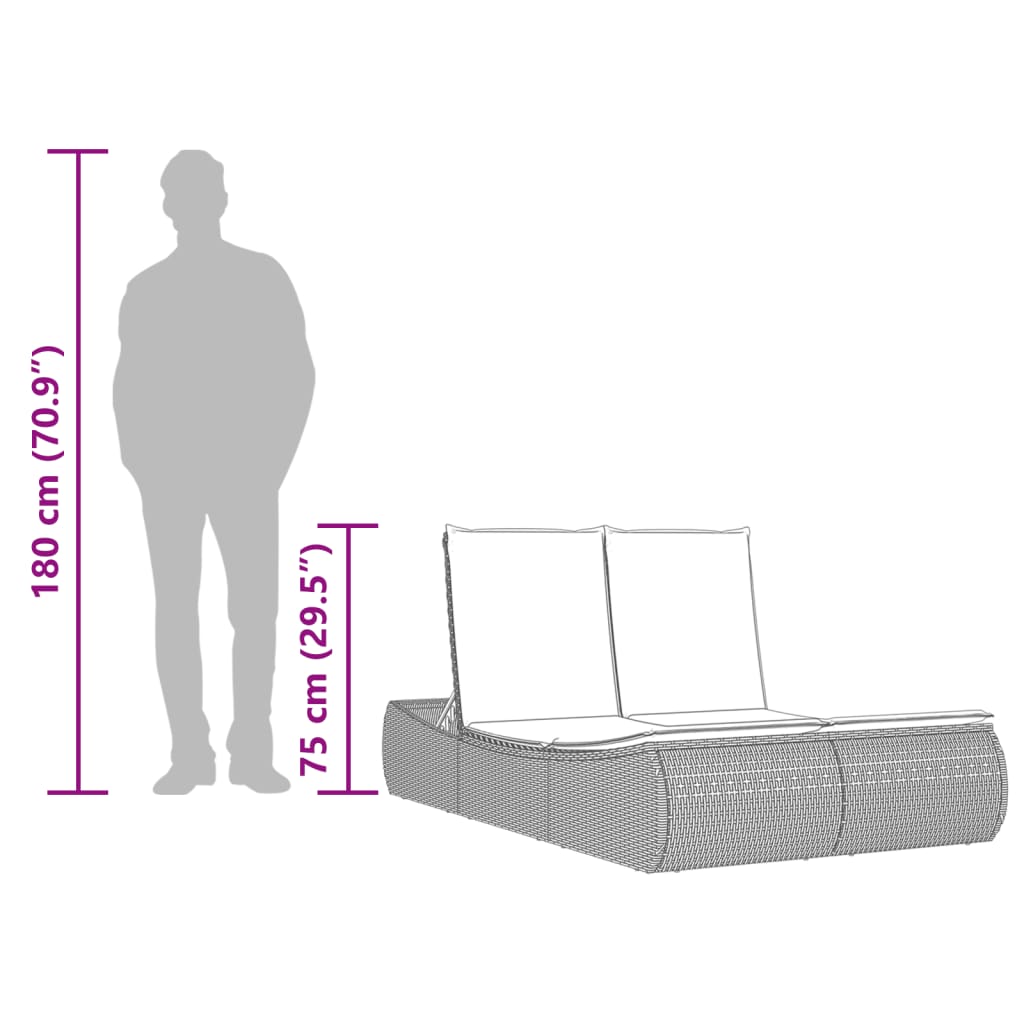 Two-seater sun lounger with cushions, black, poly rattan