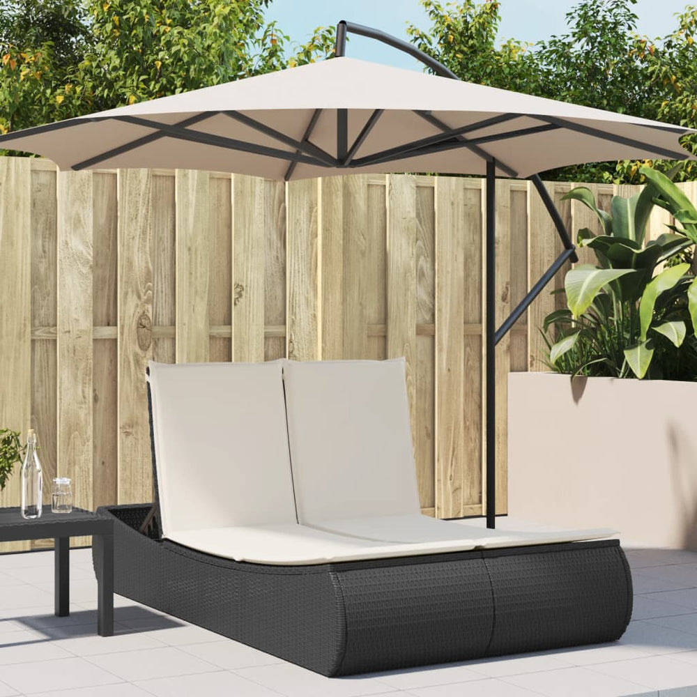 Two-seater sun lounger with cushions, black, poly rattan