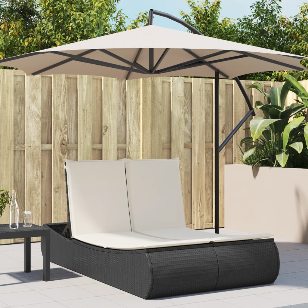 Two-seater sun lounger with cushions, black, poly rattan