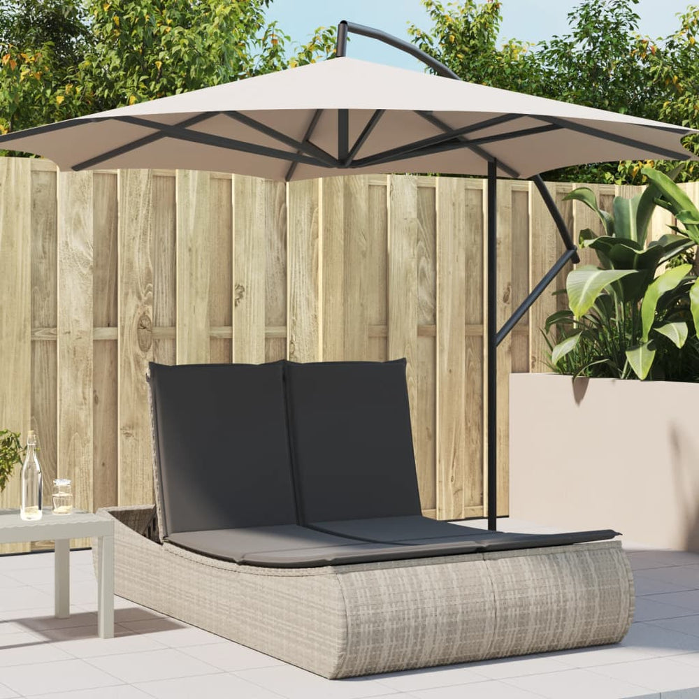 Two-seater sun lounger with cushions, grey, poly rattan