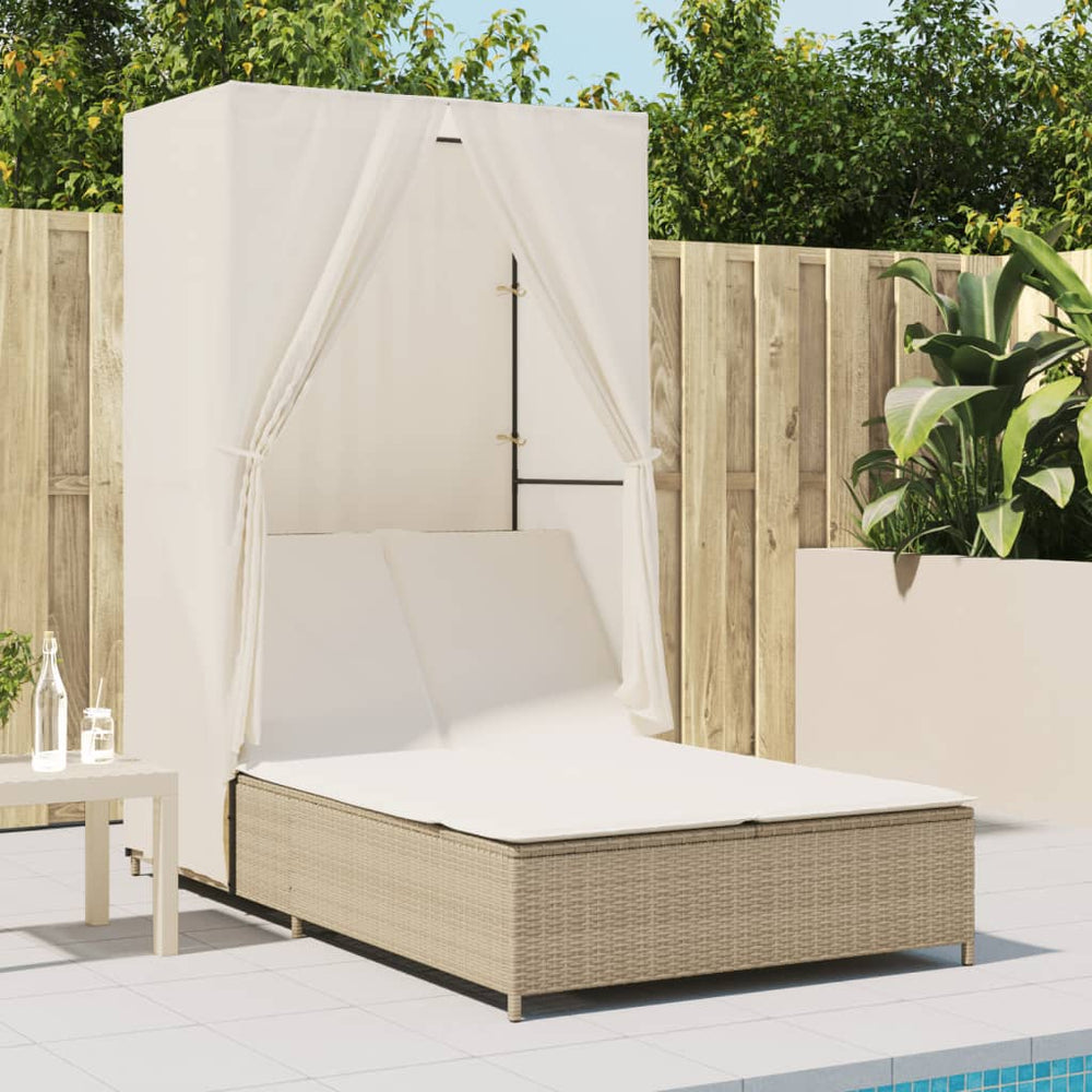 Two-person sun lounger with canopy and curtains, sand
