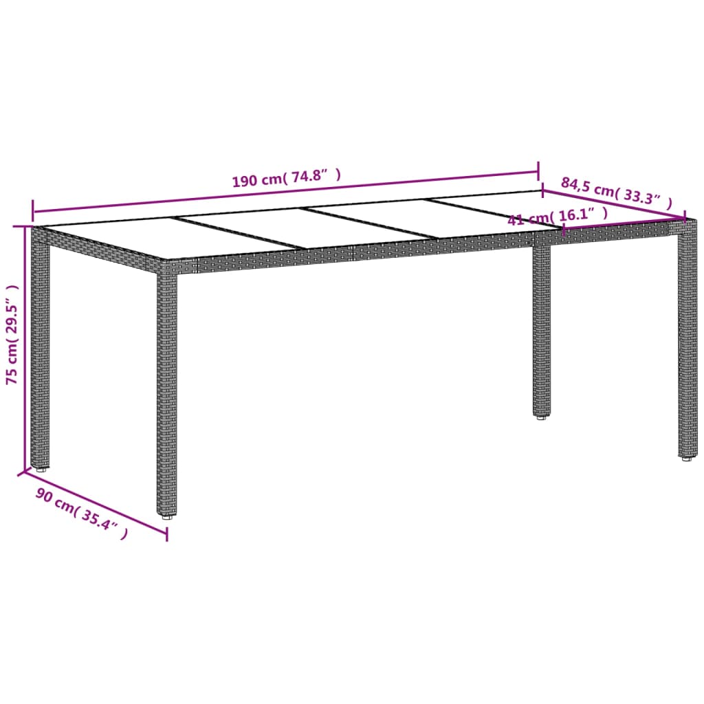 Table with glass top, grey, 190x90x75, polyrattan