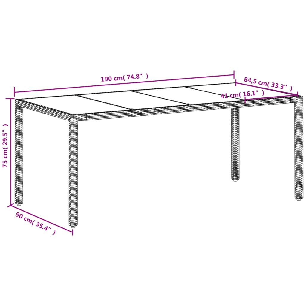 Table with glass top, white, 190x90x75, polyrattan