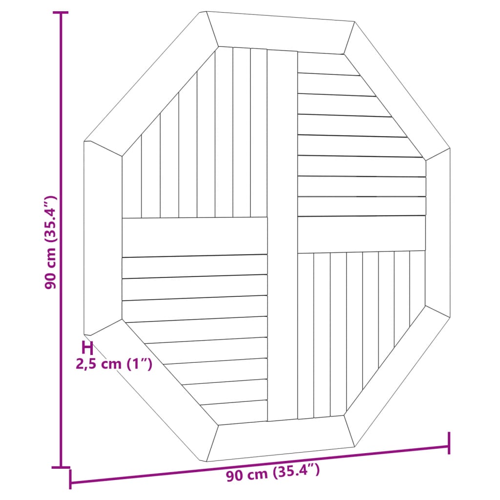 Tabletop, 90x90x2.5cm, solid teak, octagonal