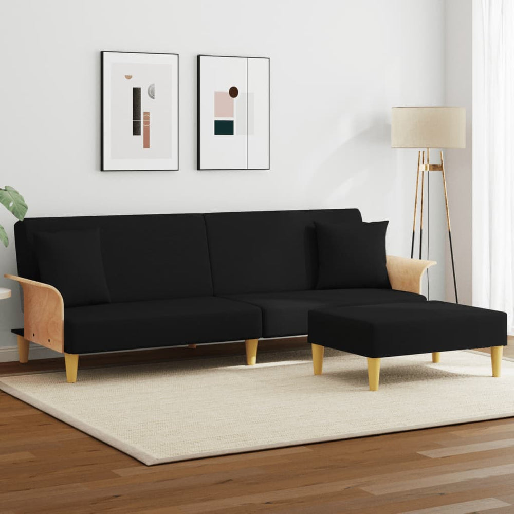 Dvivietė sofa-lova su pagalvėmis ir pakoja, juoda, aksomas