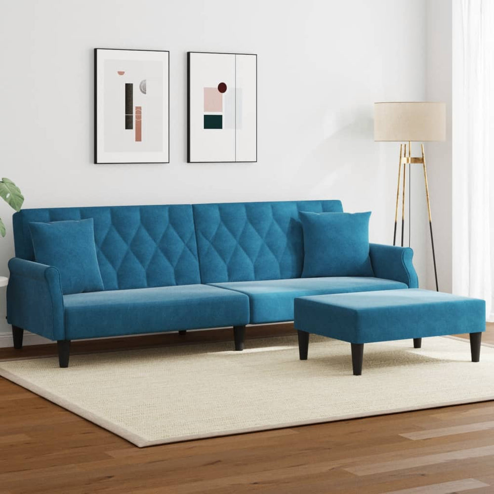 Dvivietė sofa-lova su pagalvėmis ir pakoja, mėlyna, aksomas