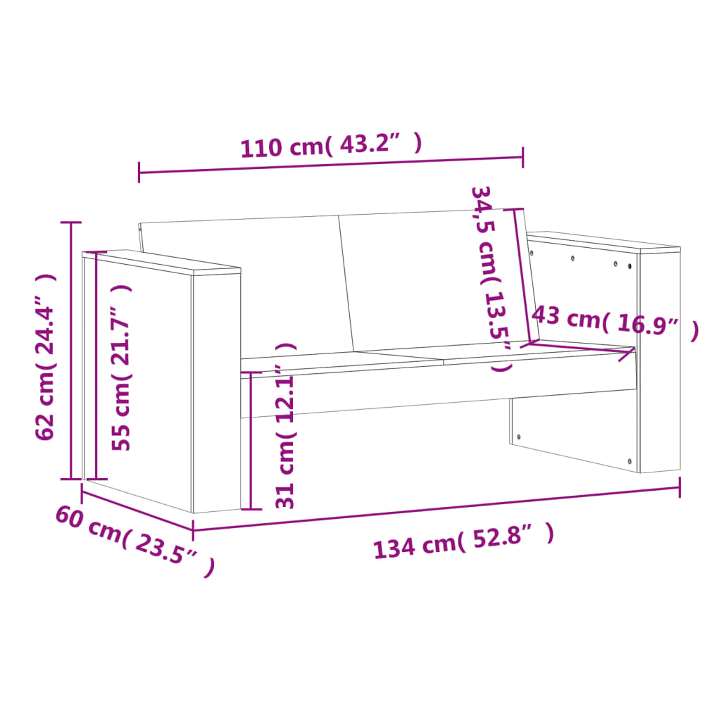 Dvivietė sodo sofa, 134x60x62cm, pušies medienos masyvas