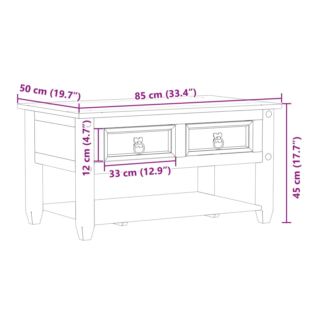 Corona coffee table with drawers, 85x50x45cm, solid pine