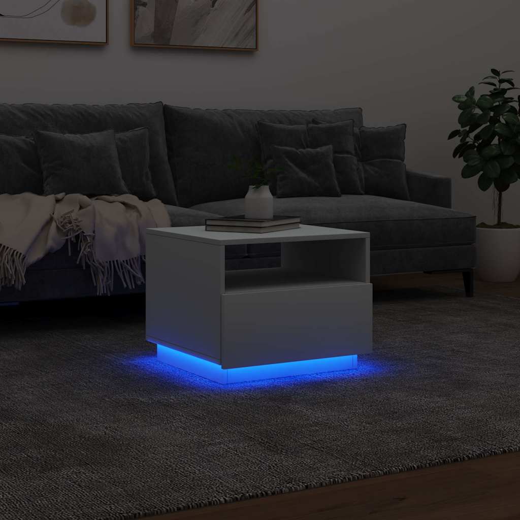 Kavos staliukas su LED lemputėmis, baltos spalvos, 50x49x40cm