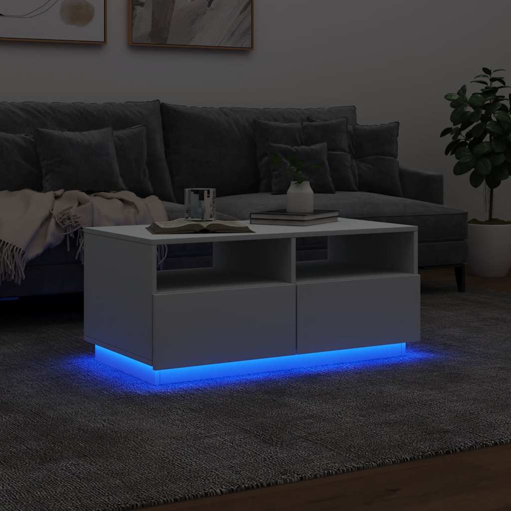 Coffee table with LED lights, white, 90x49x40cm