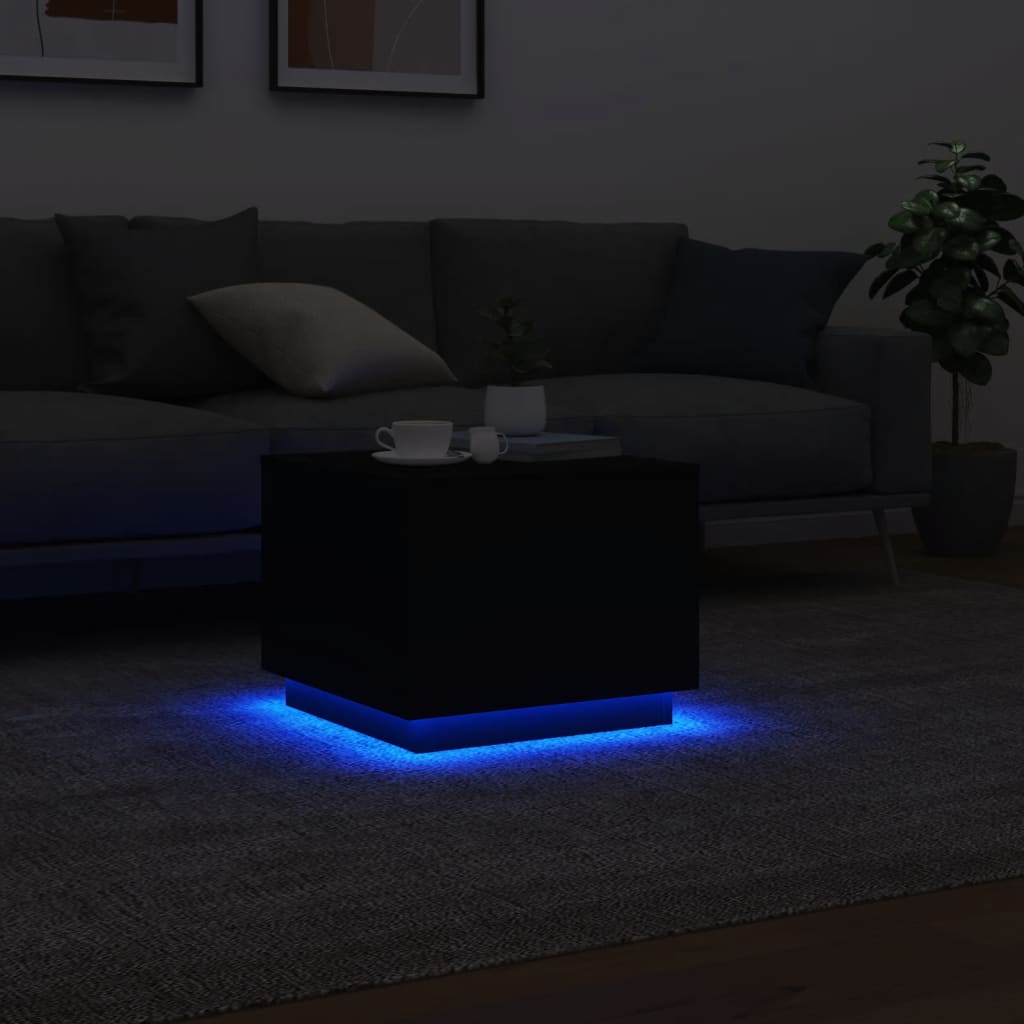 Kavos staliukas su LED lemputėmis, juodos spalvos, 50x50x40cm