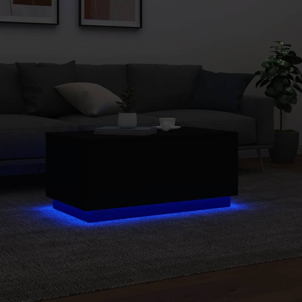 Kavos staliukas su LED lemputėmis, juodos spalvos, 90x50x40cm