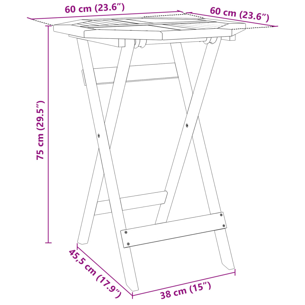 Foldable garden table, 60x75cm, solid acacia wood