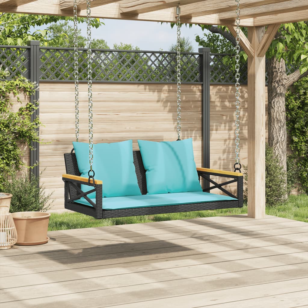 Swing bench with cushions, black, 109x62x40cm, rattan