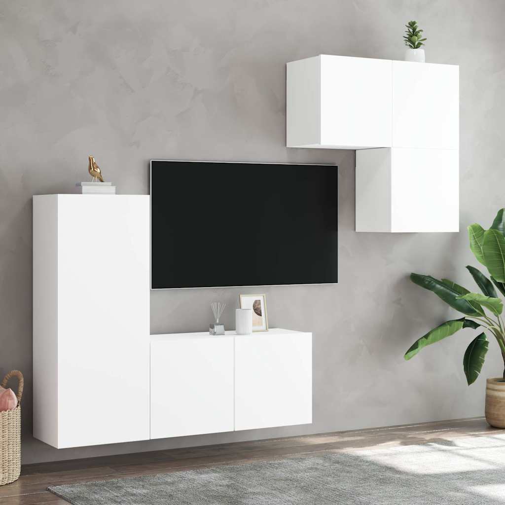 Wall-mounted TV cabinet set, 4-piece, white, engineered wood