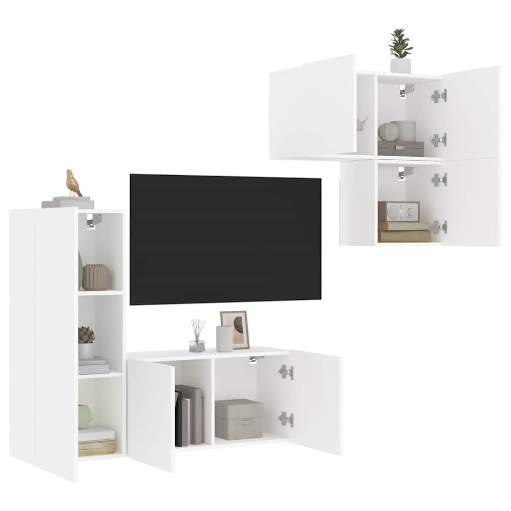 Wall-mounted TV cabinet set, 4-piece, white, engineered wood