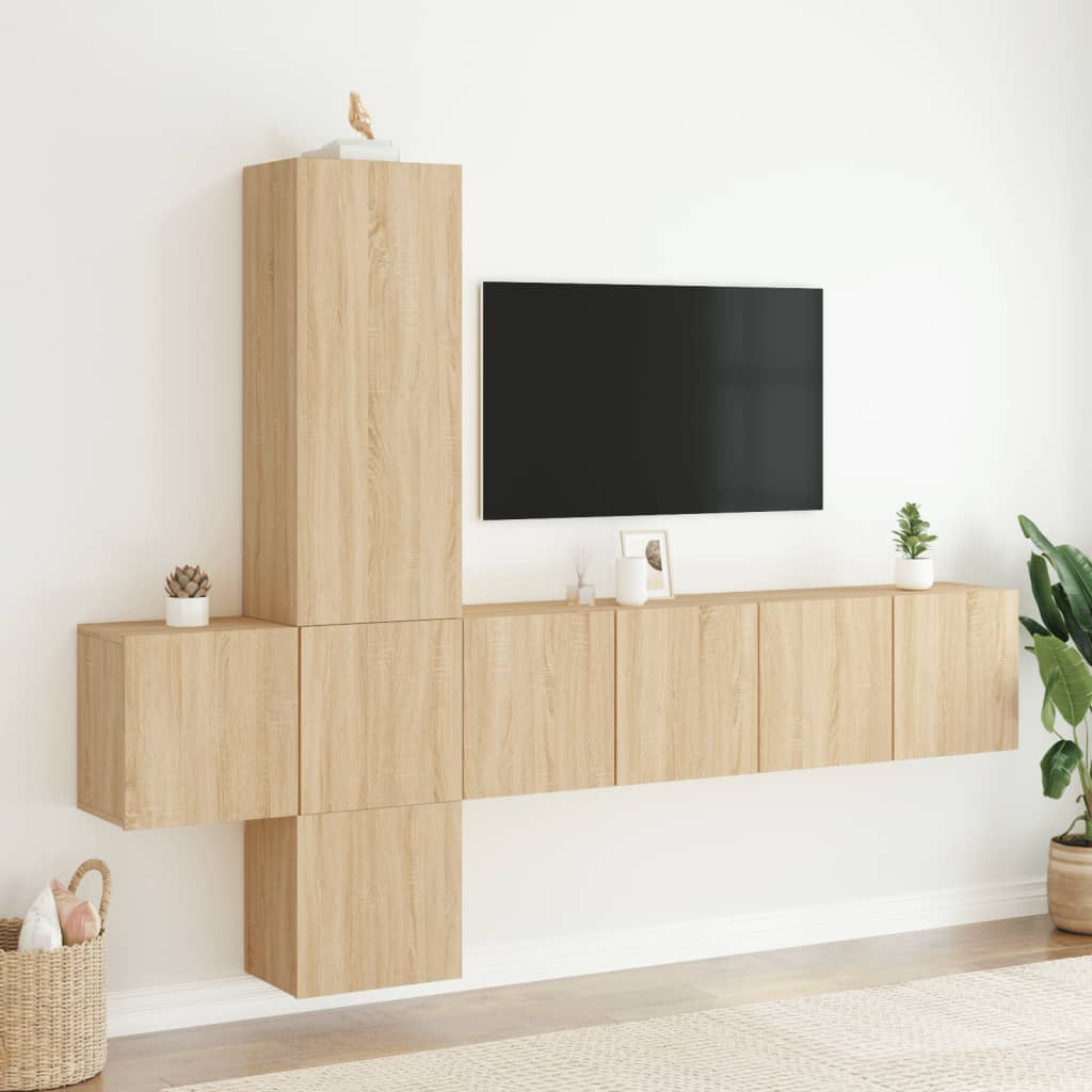 Wall-mounted TV cabinet, 5-piece, oak, engineered wood
