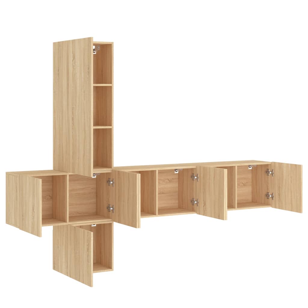 Wall-mounted TV cabinet, 5-piece, oak, engineered wood