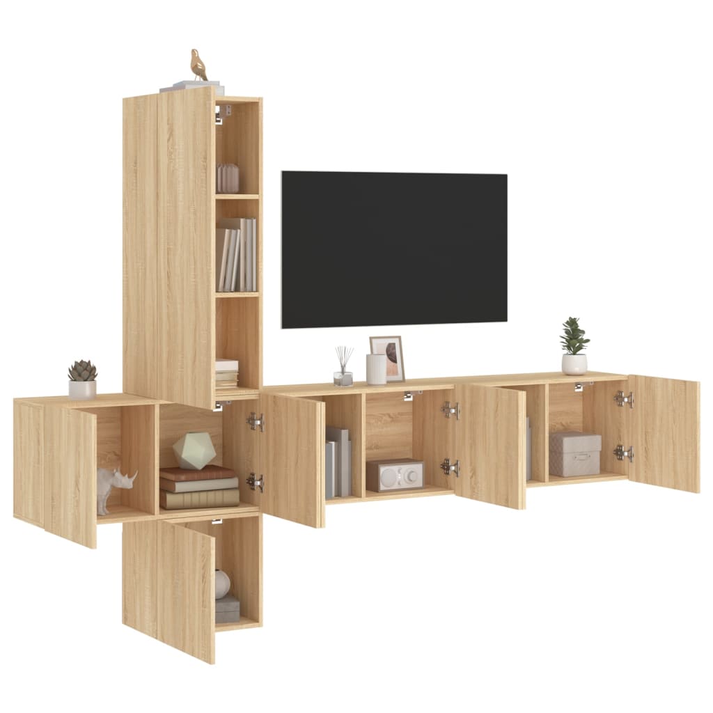 Wall-mounted TV cabinet, 5-piece, oak, engineered wood