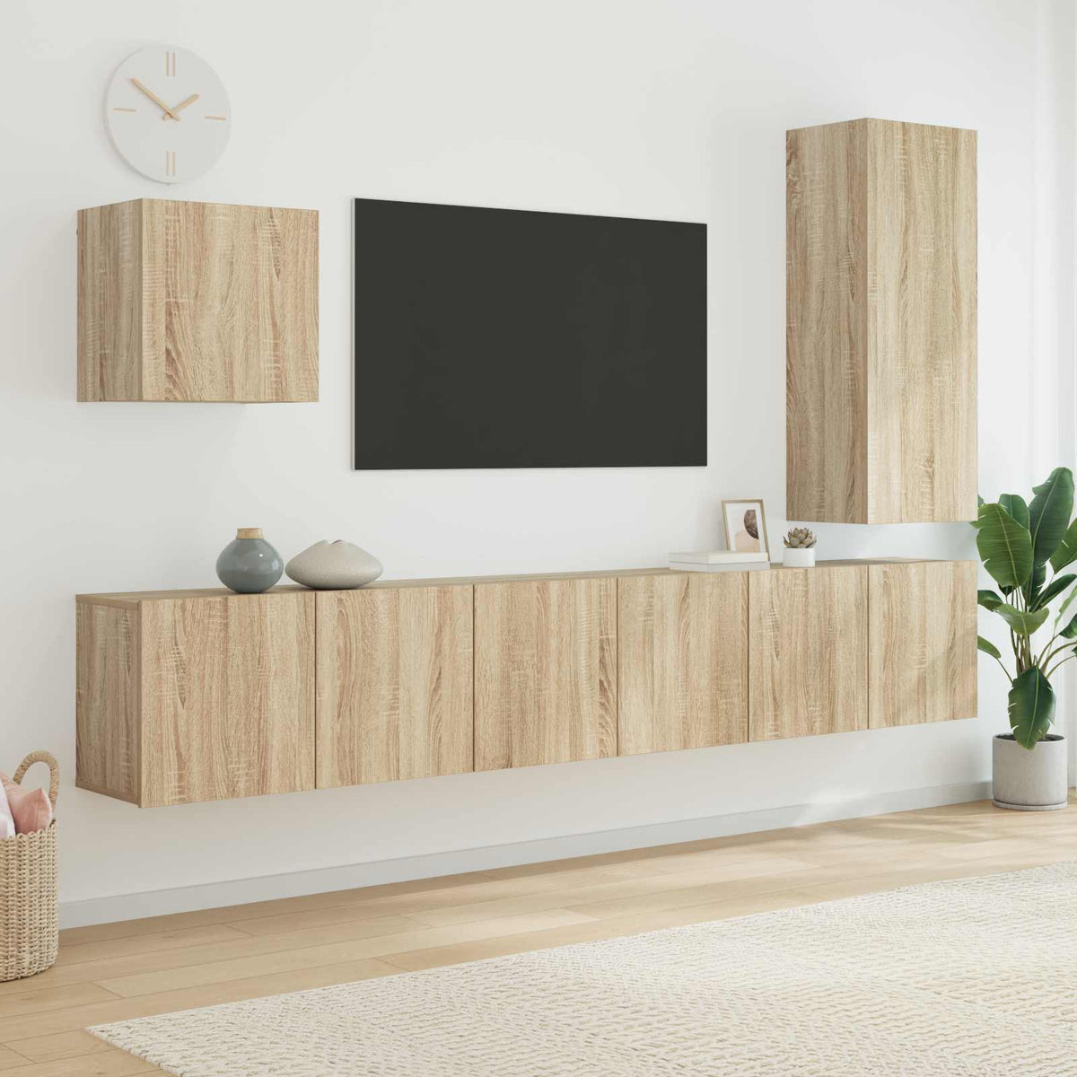 Sieninė TV sekcija, 5 dalių, ąžuolo spalvos, apdirbta mediena