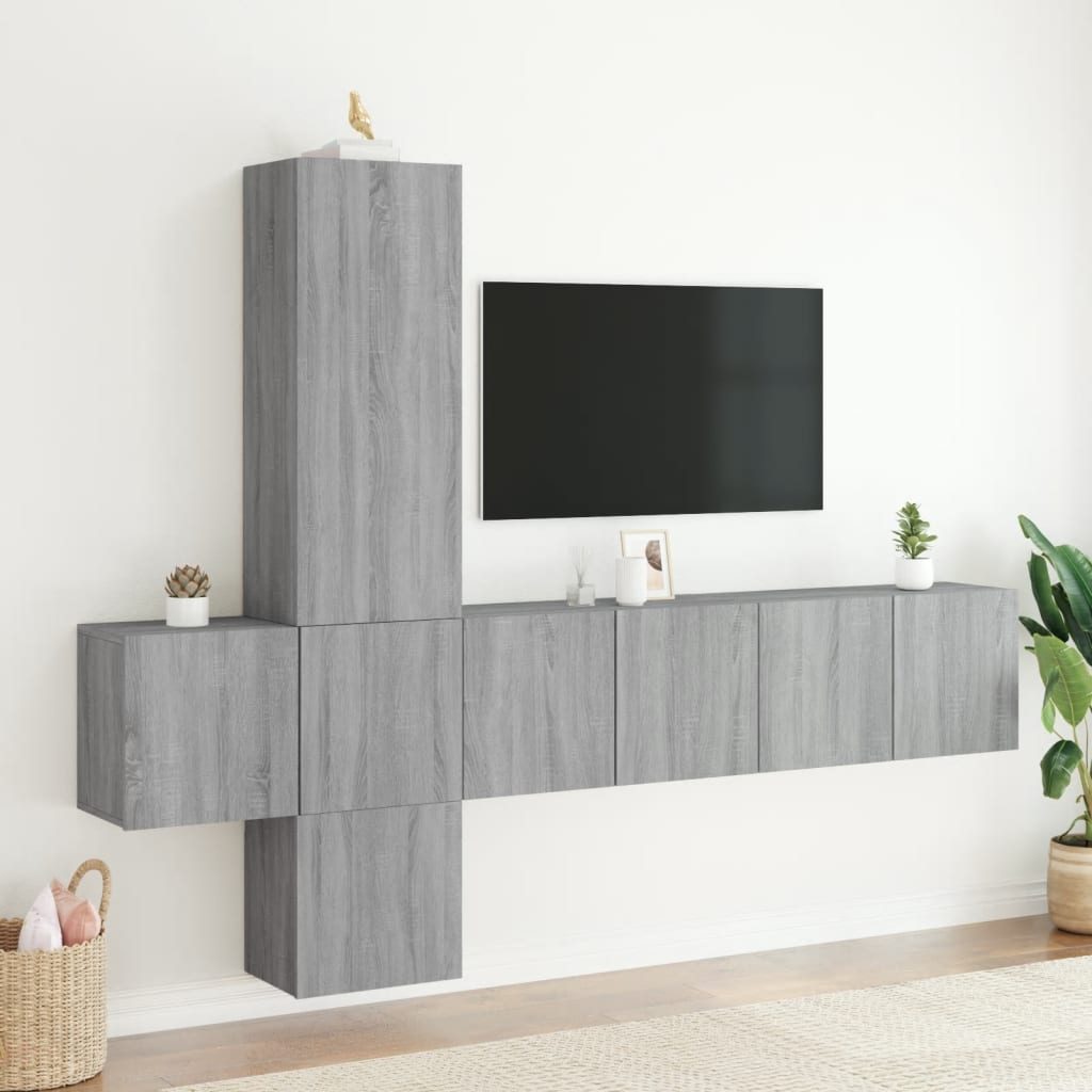 Wall-mounted TV cabinet, 5-piece, grey oak, engineered wood