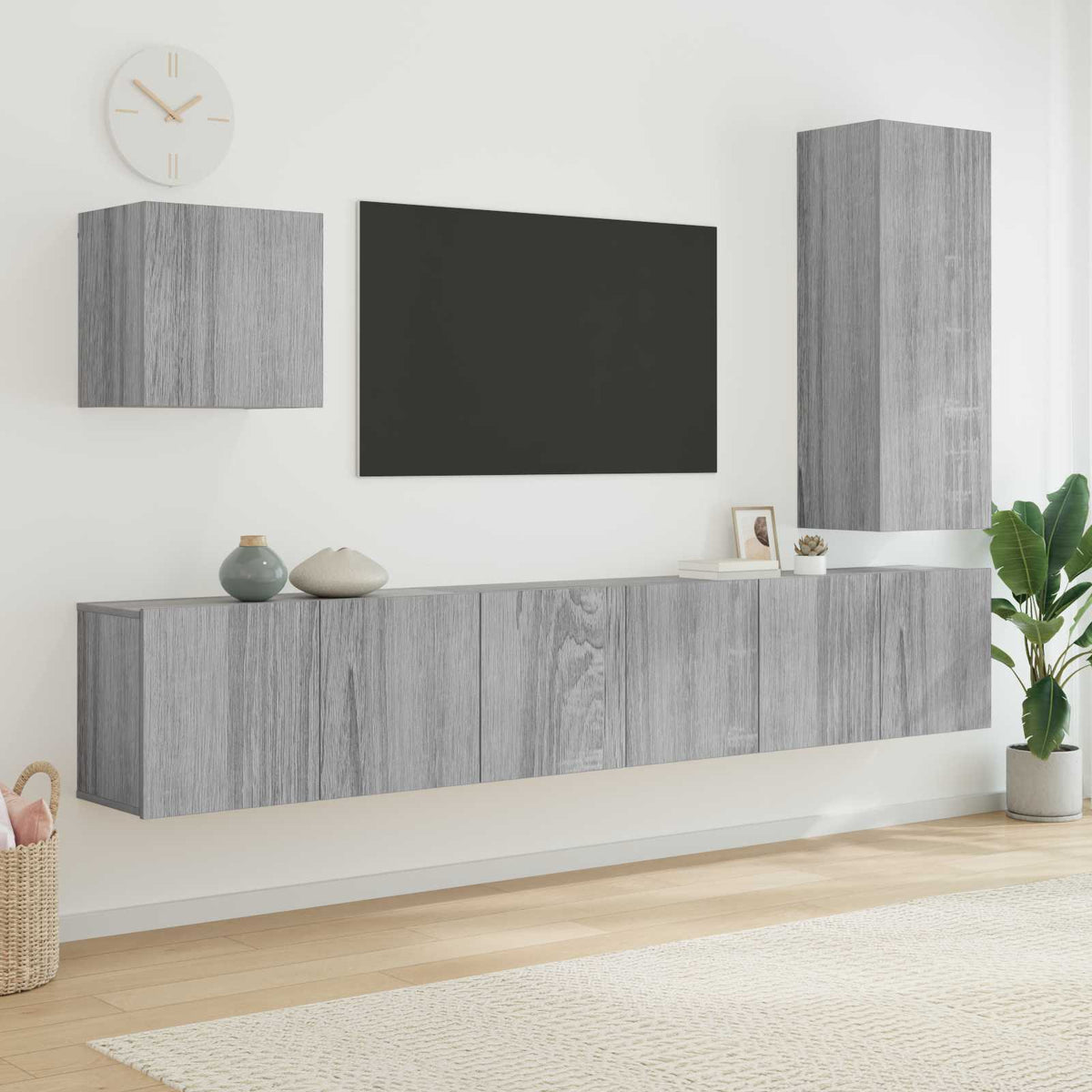 Sieninė TV sekcija, 5 dalių, pilka ąžuolo, apdirbta mediena