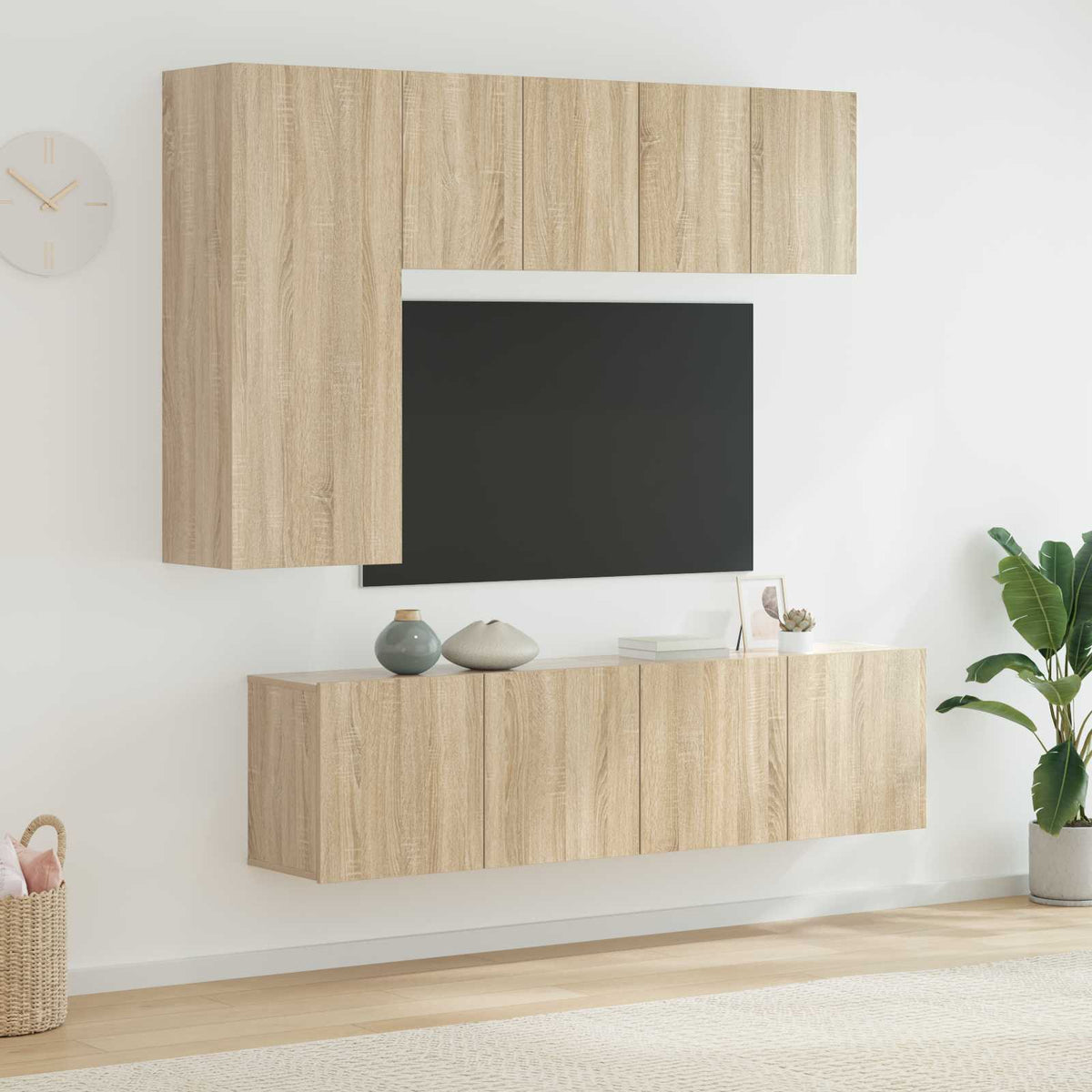 Sieninė TV sekcija, 5 dalių, ąžuolo spalvos, apdirbta mediena