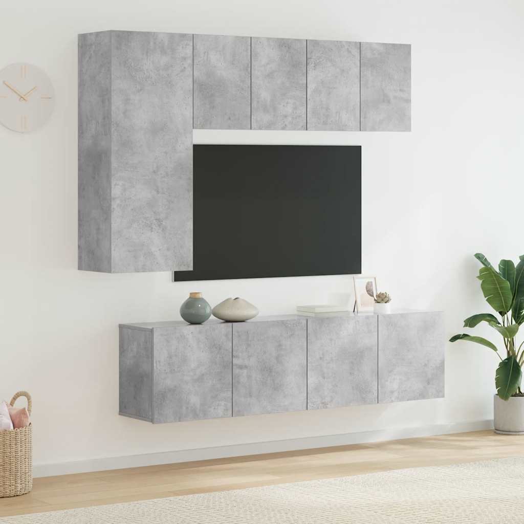 Sieninė TV sekcija, 5 dalių, betono pilka, apdirbta mediena