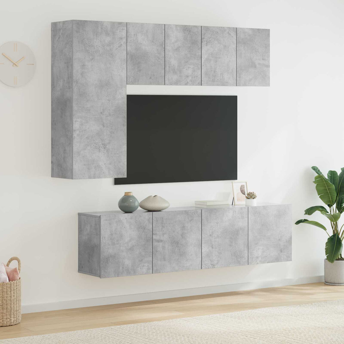 Sieninė TV sekcija, 5 dalių, betono pilka, apdirbta mediena