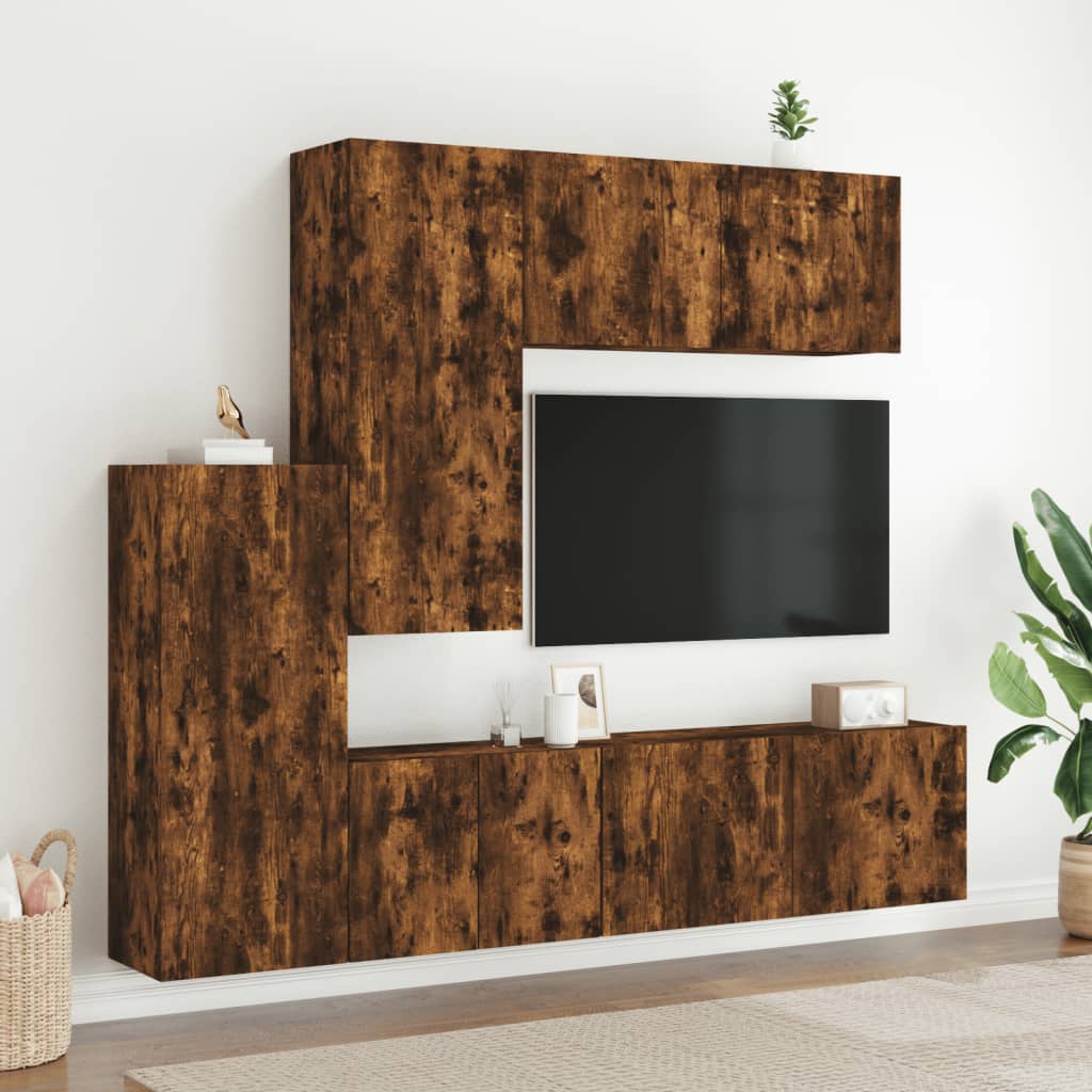 Wall-mounted TV cabinet, 5-piece, smoked oak, engineered wood