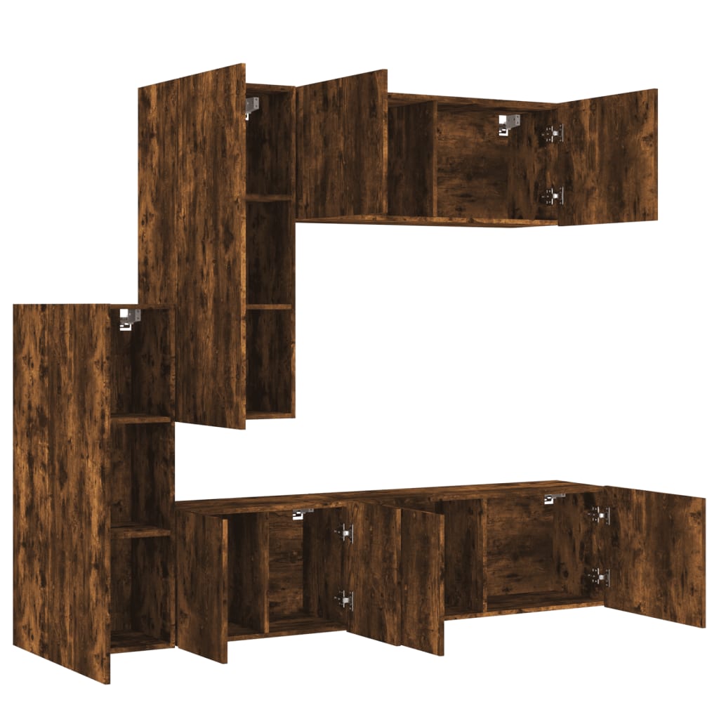 Wall-mounted TV cabinet, 5-piece, smoked oak, engineered wood