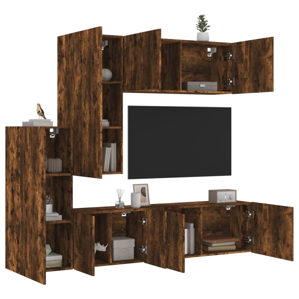 Wall-mounted TV cabinet, 5-piece, smoked oak, engineered wood