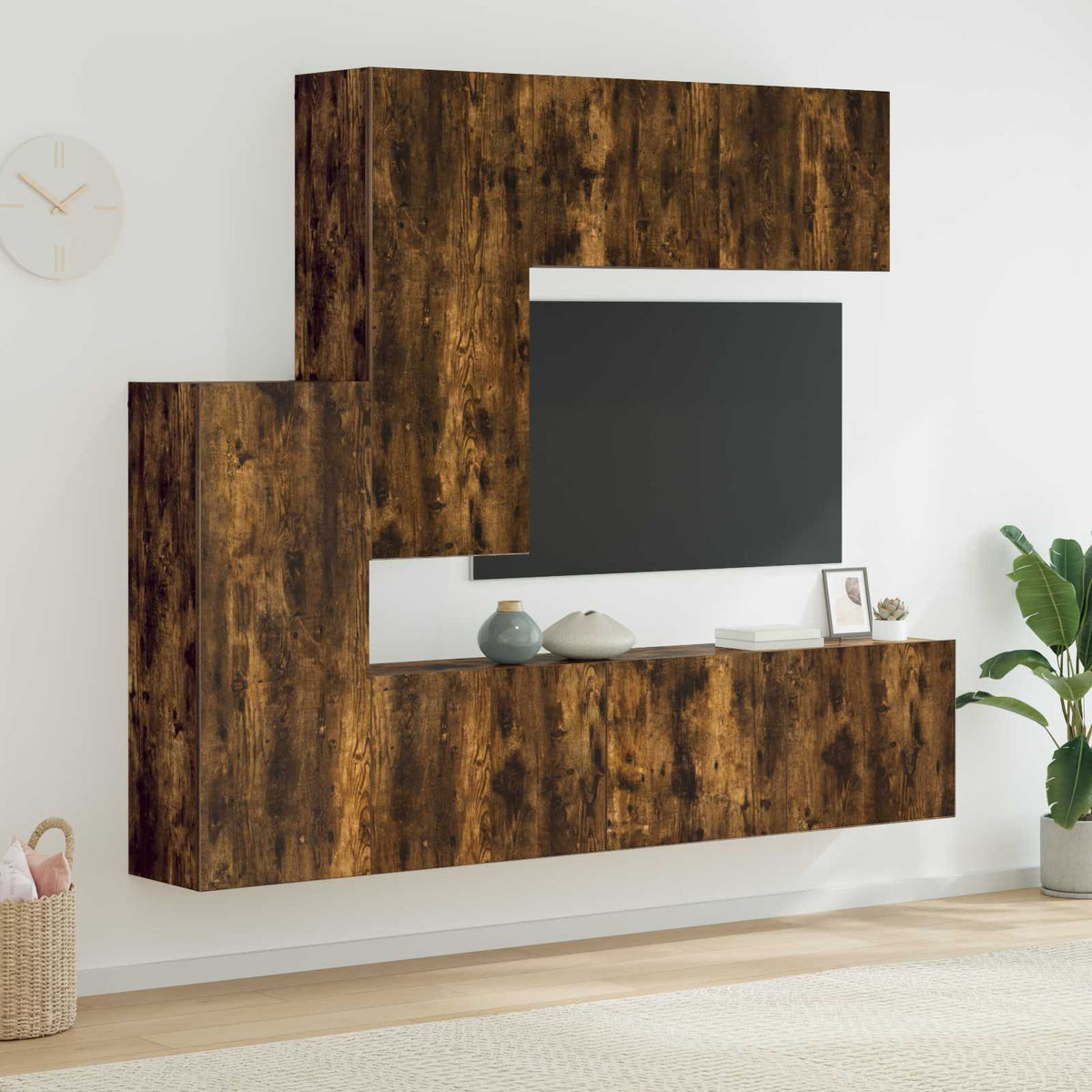 Wall-mounted TV cabinet, 5-piece, smoked oak, engineered wood