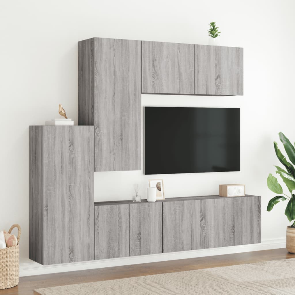Wall-mounted TV cabinet, 5-piece, grey oak, engineered wood