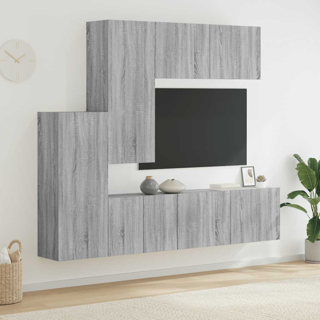 Wall-mounted TV cabinet, 5-piece, grey oak, engineered wood