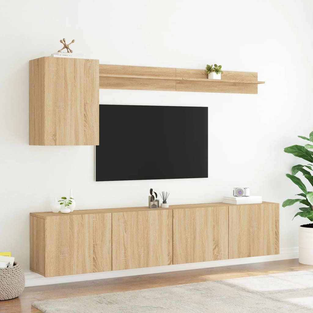 Sieninė TV sekcija, 5 dalių, ąžuolo spalvos, apdirbta mediena