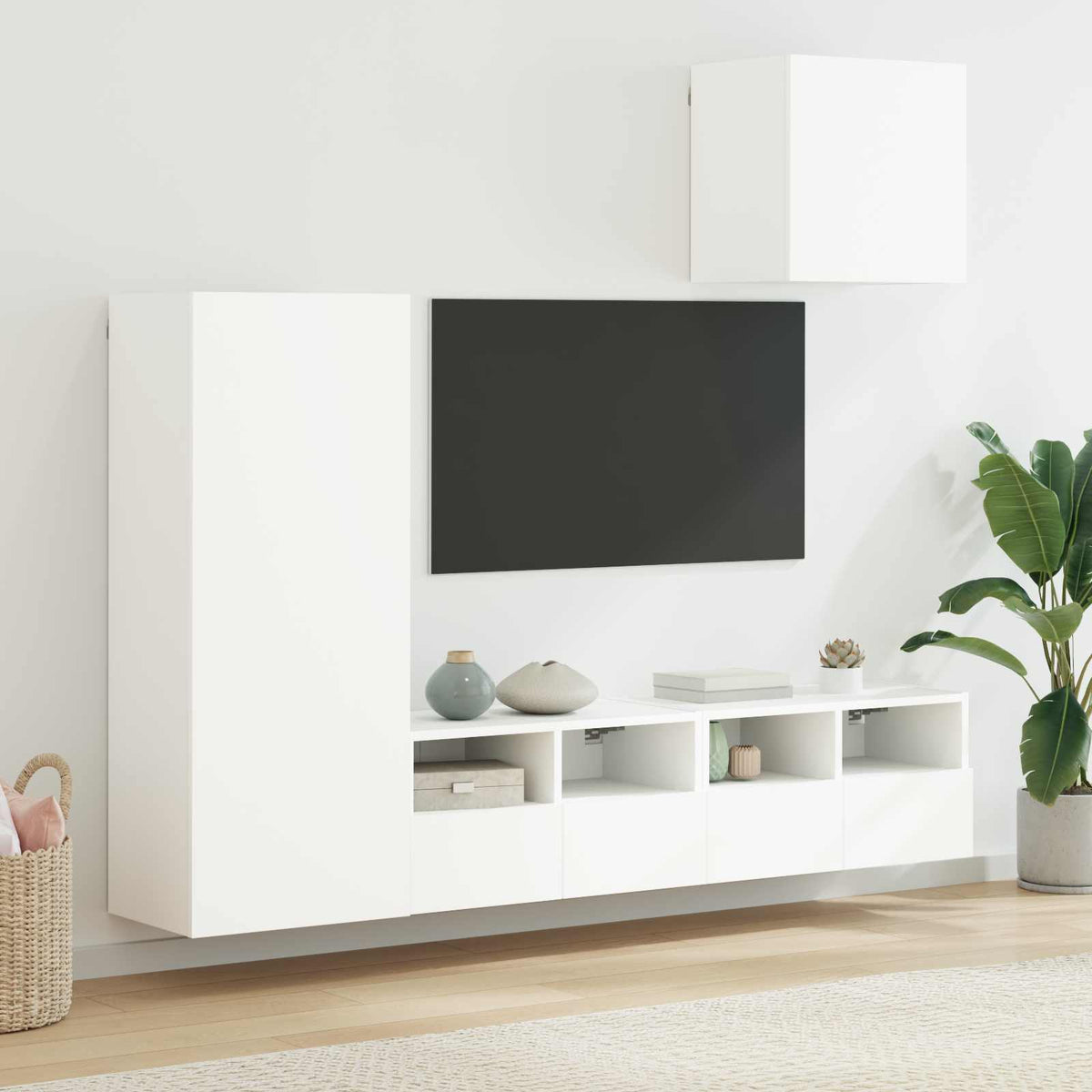 Sienas TV plaukts, 4 daļu, balts, apstrādāta koksne