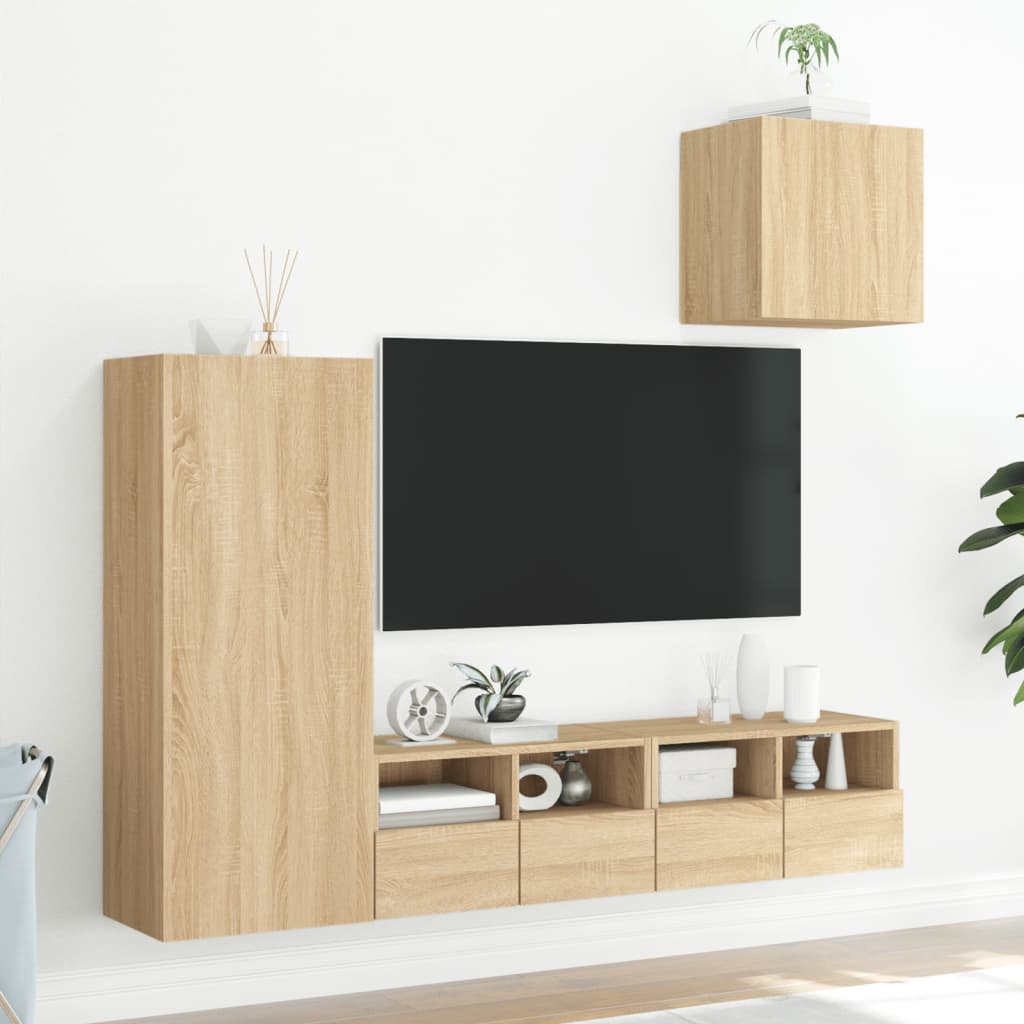 Wall-mounted TV cabinet, 4-piece, oak, engineered wood