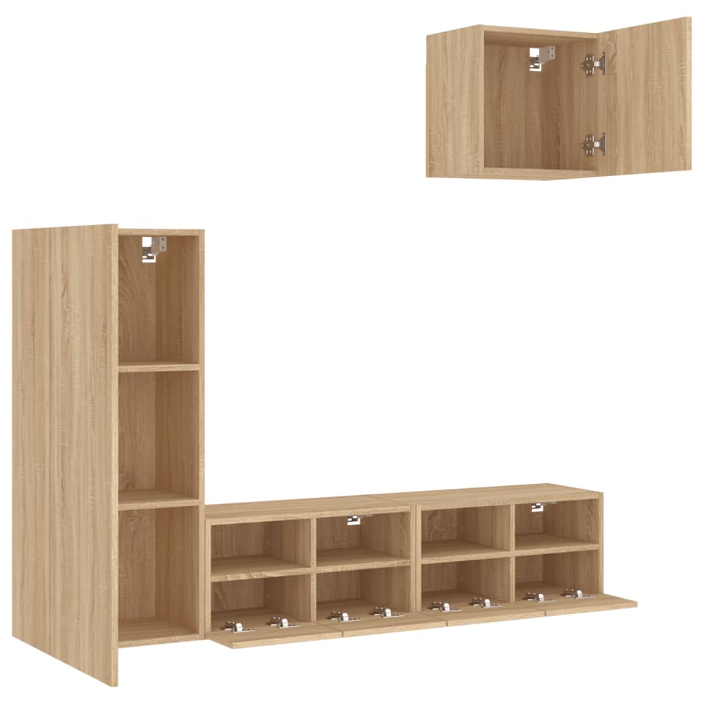 Wall-mounted TV cabinet, 4-piece, oak, engineered wood