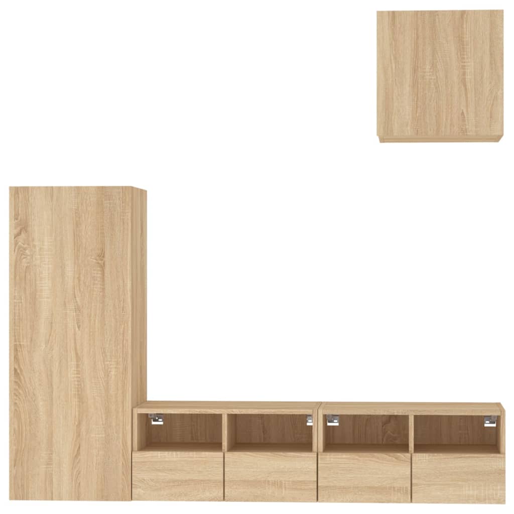 Wall-mounted TV cabinet, 4-piece, oak, engineered wood