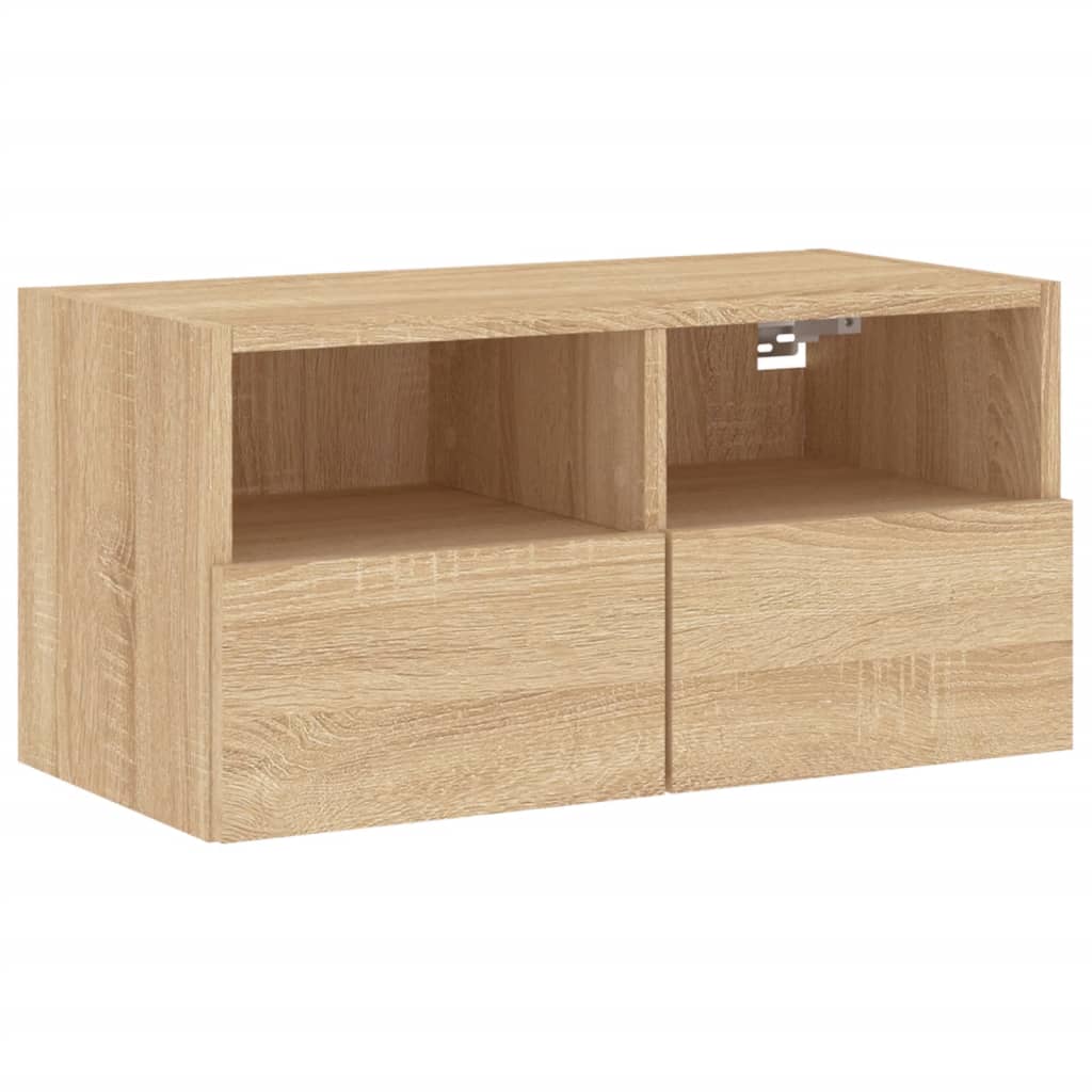 Wall-mounted TV cabinet, 4-piece, oak, engineered wood
