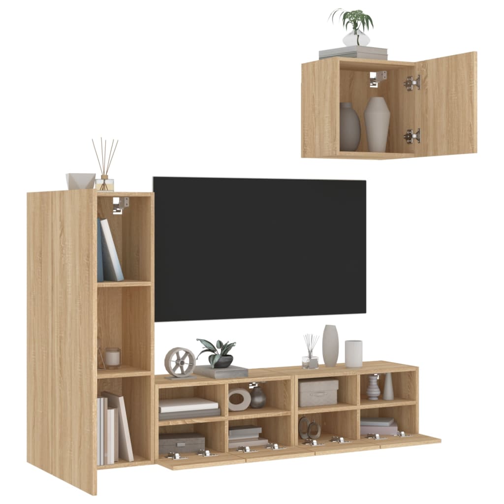 Wall-mounted TV cabinet, 4-piece, oak, engineered wood